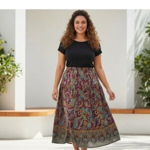 Venezia Paisley Purple Blue Midi Pull On Skirt Artsy Boho